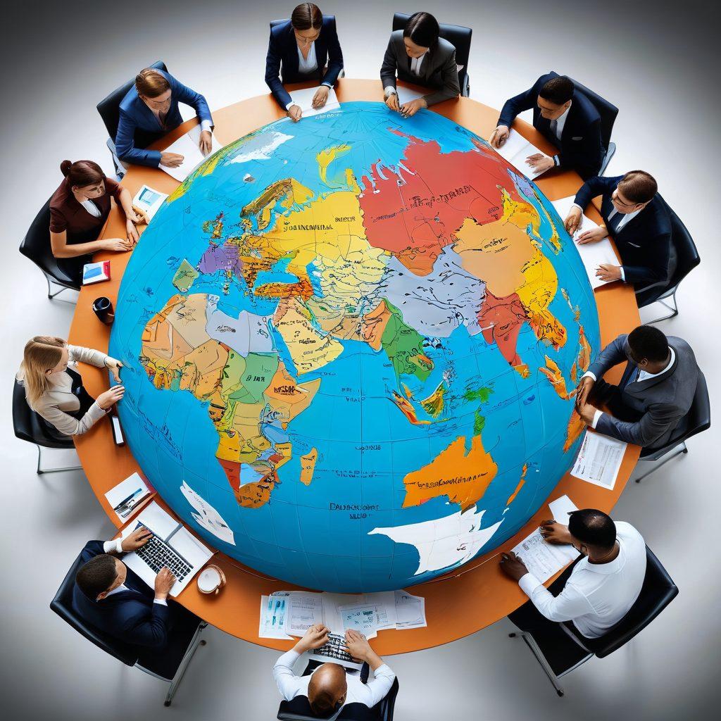 A globe with interconnected trade routes, surrounded by various international symbols like flags and currency, indicating compliance and facilitation. In the foreground, a diverse group of professionals (men and women) are engaged in a lively discussion with charts and documents on a table, showcasing collaboration and strategy. The background should emit a sense of global connectivity. super-realistic. vibrant colors. 3D.