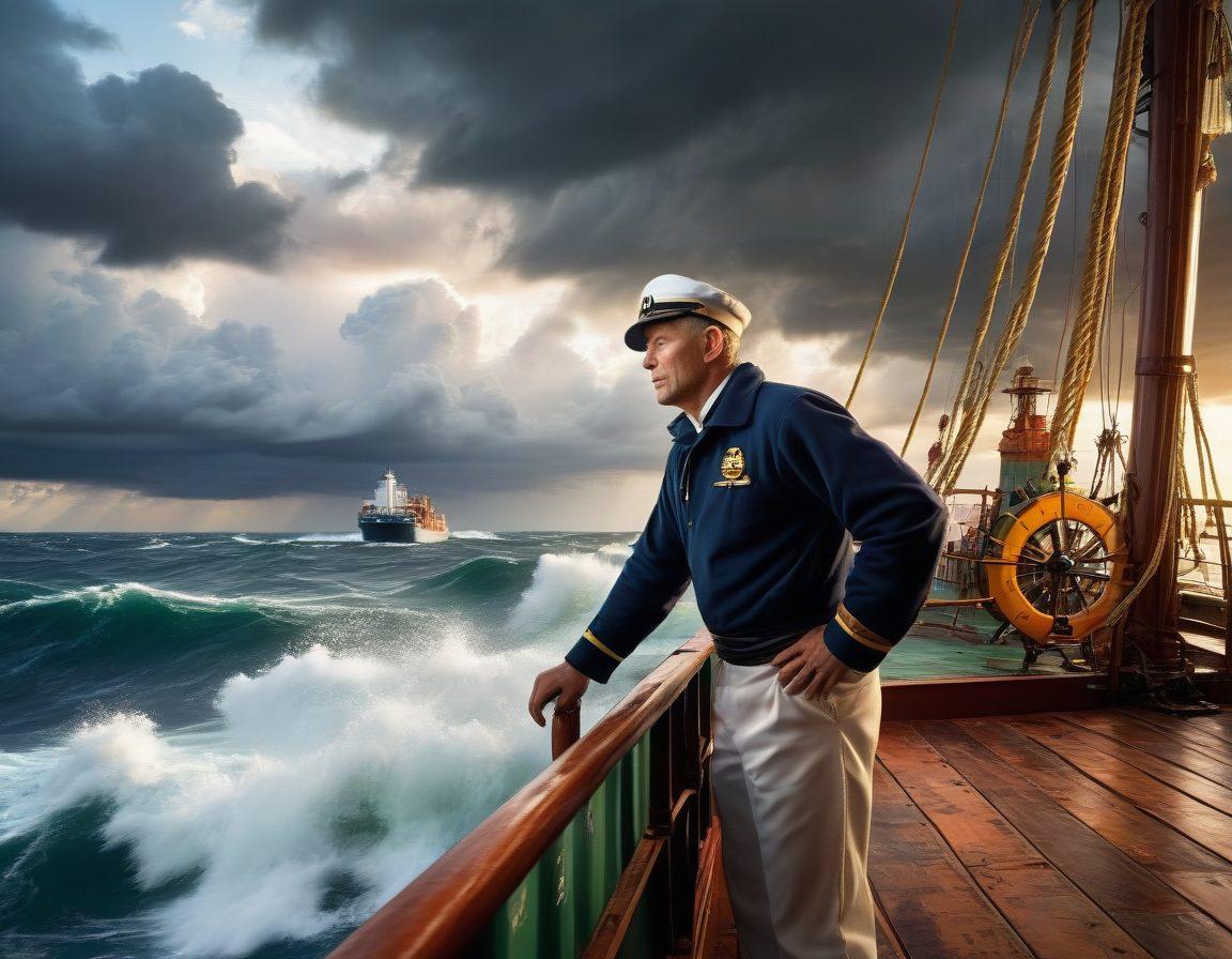 A seasoned sailor at the helm of a ship, confidently navigating through turbulent ocean waves, with a backdrop of various international trade containers and landmarks. The sky is painted with both stormy clouds and rays of sunlight breaking through, symbolizing challenges and opportunities in trade. A compass and maps are visible on the deck, highlighting guidance and strategy. super-realistic. vibrant colors. dynamic composition.